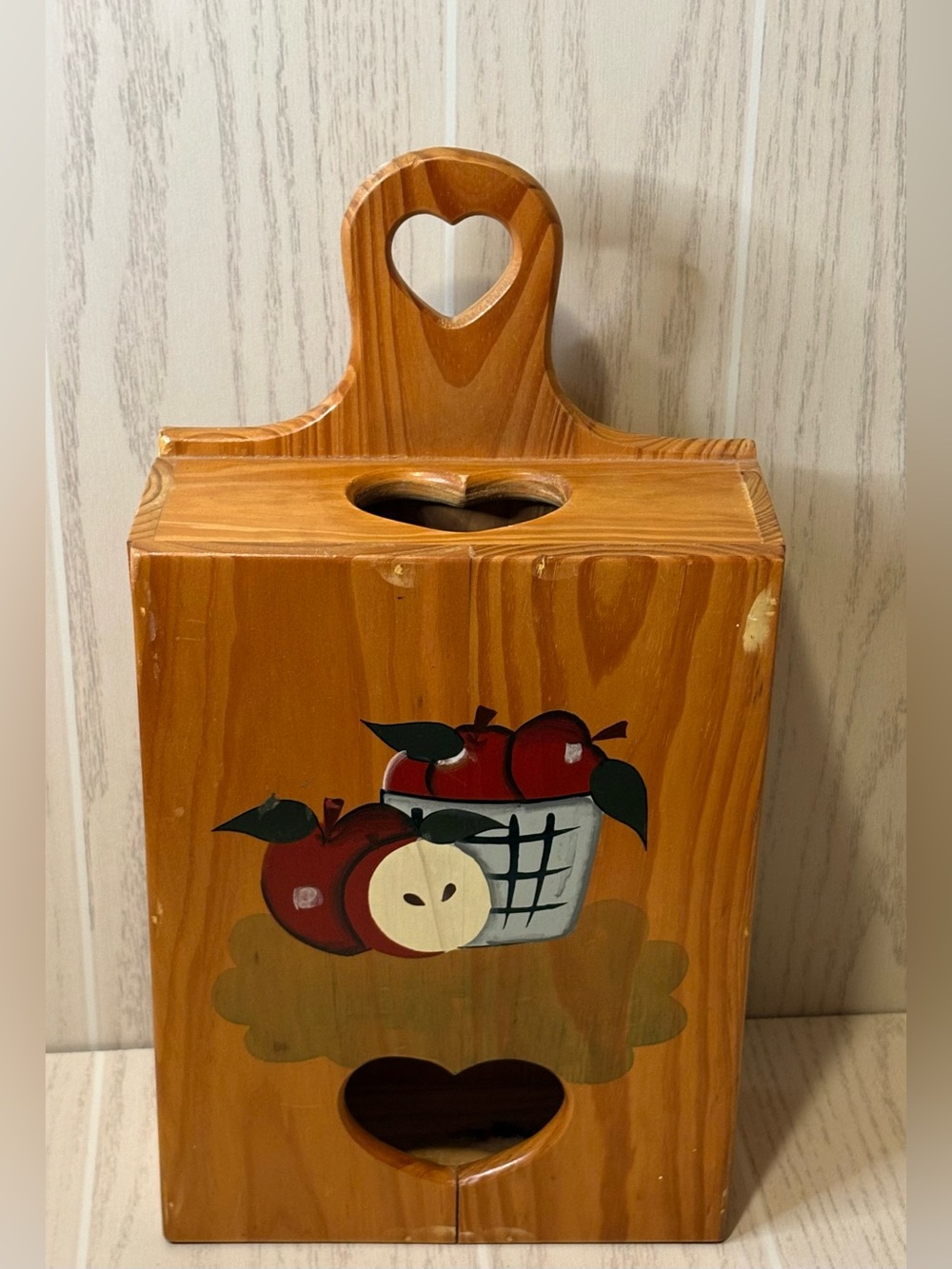 Vintage Hand-Painted Apple Wood Wall-Mount Bag Dispenser Hearts Cottage Core